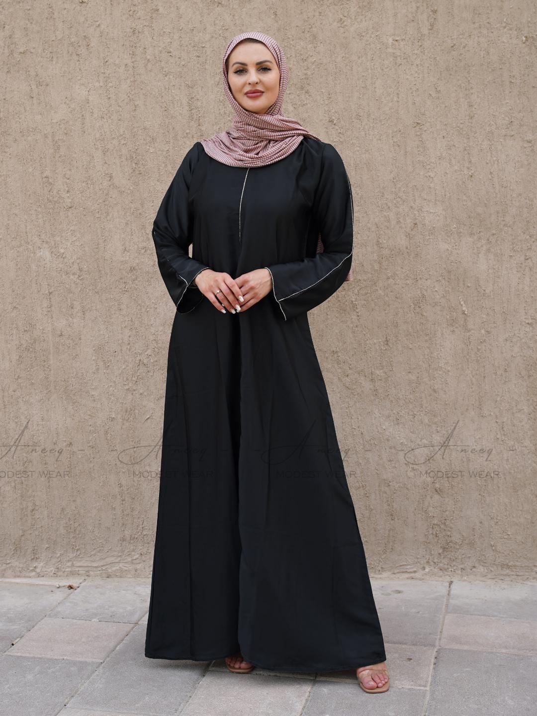 Classic black abaya with stunning stone lace accents - Leila Abaya
