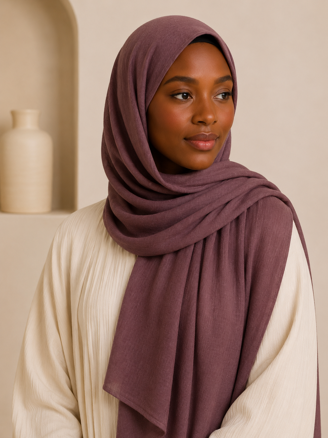 Model wearing cocoa plum premium modal hijab with elegant soft drape