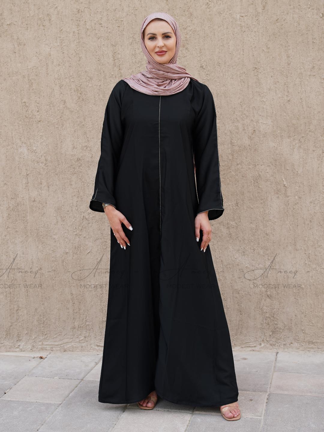 Stylish black abaya with delicate stone lace details - Leila Abaya