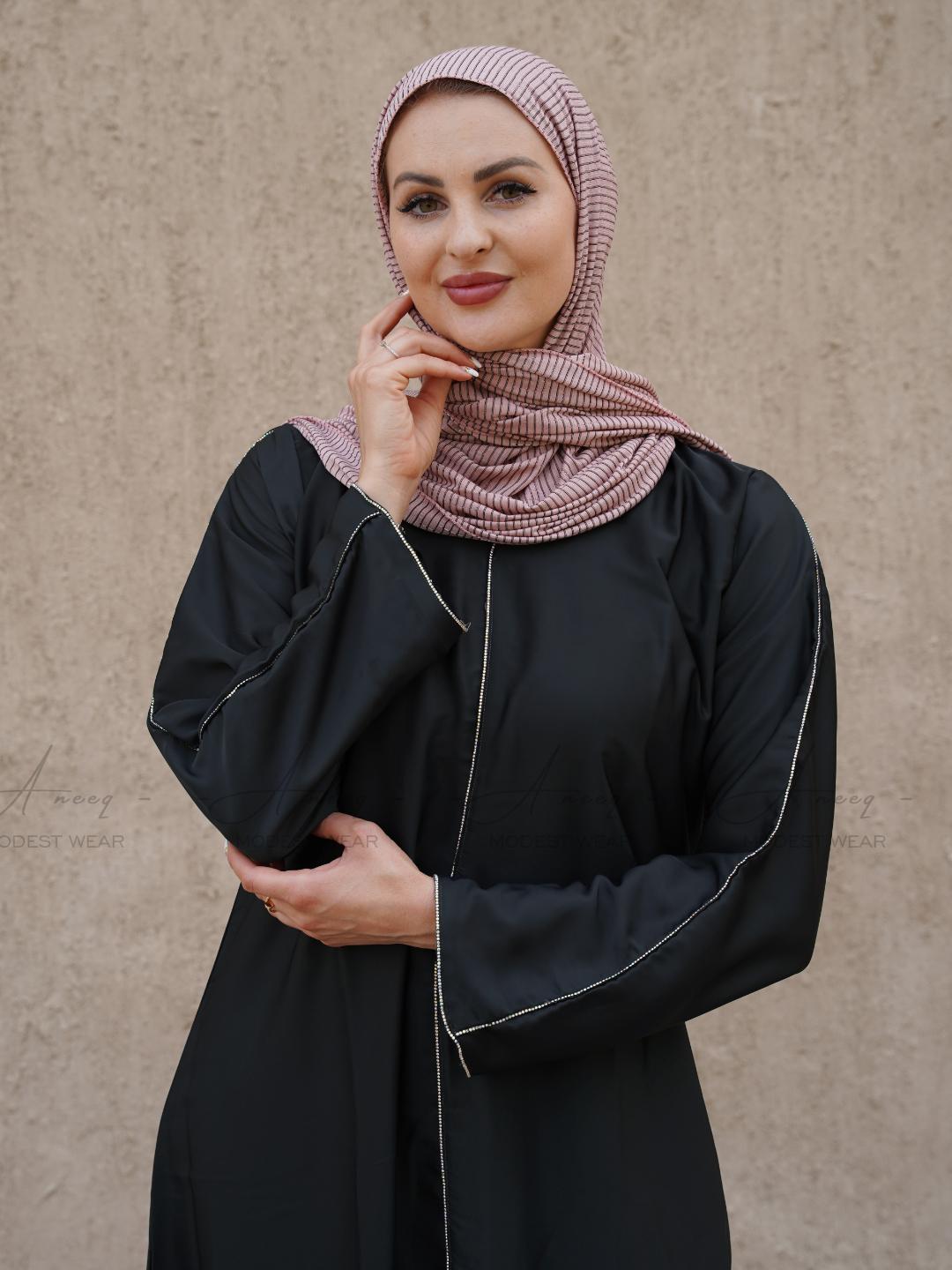 Elegant black abaya with stone lace - Leila Abaya