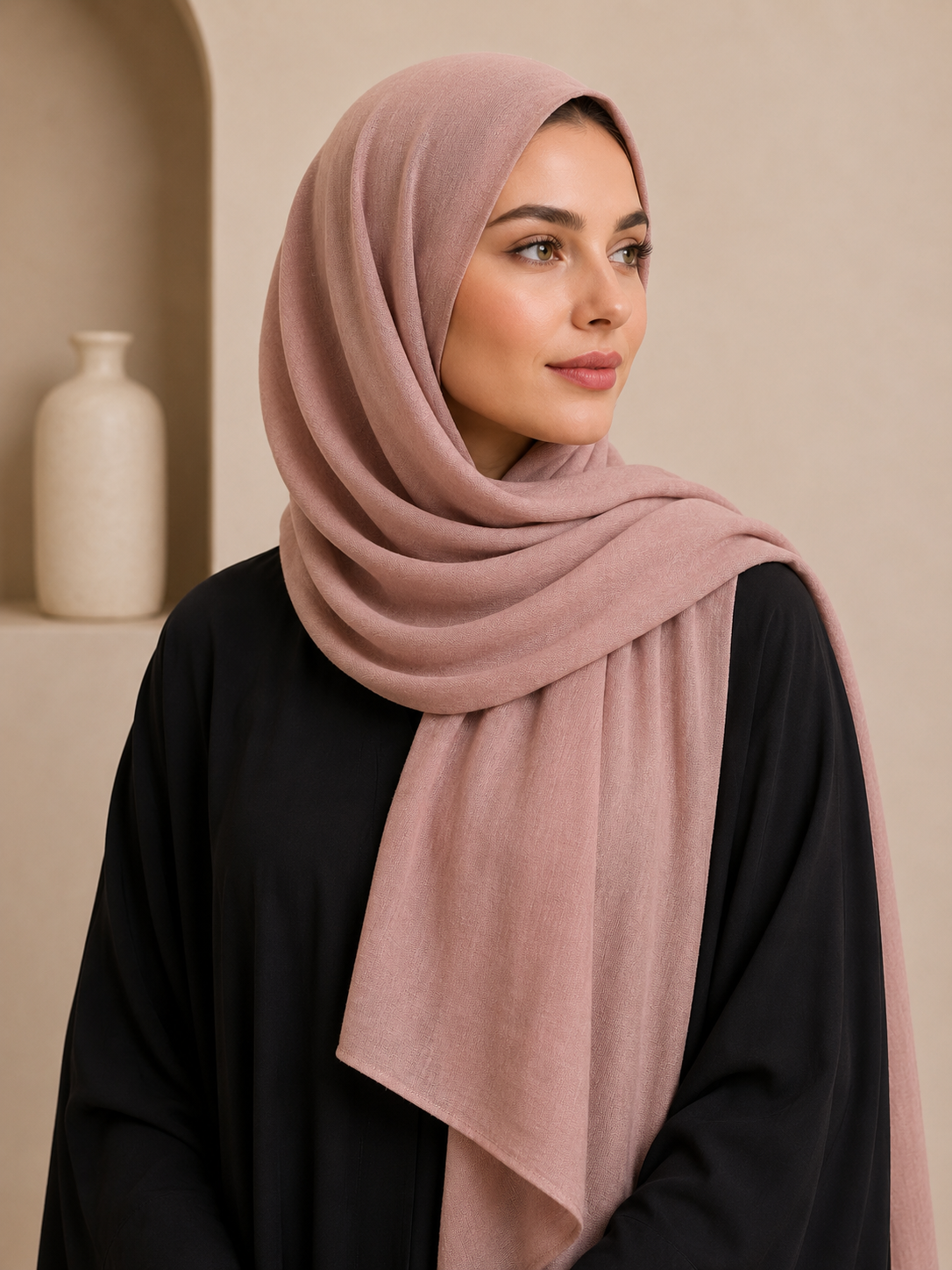 Turkish model wearing mauve pink premium modal hijab with elegant soft drape