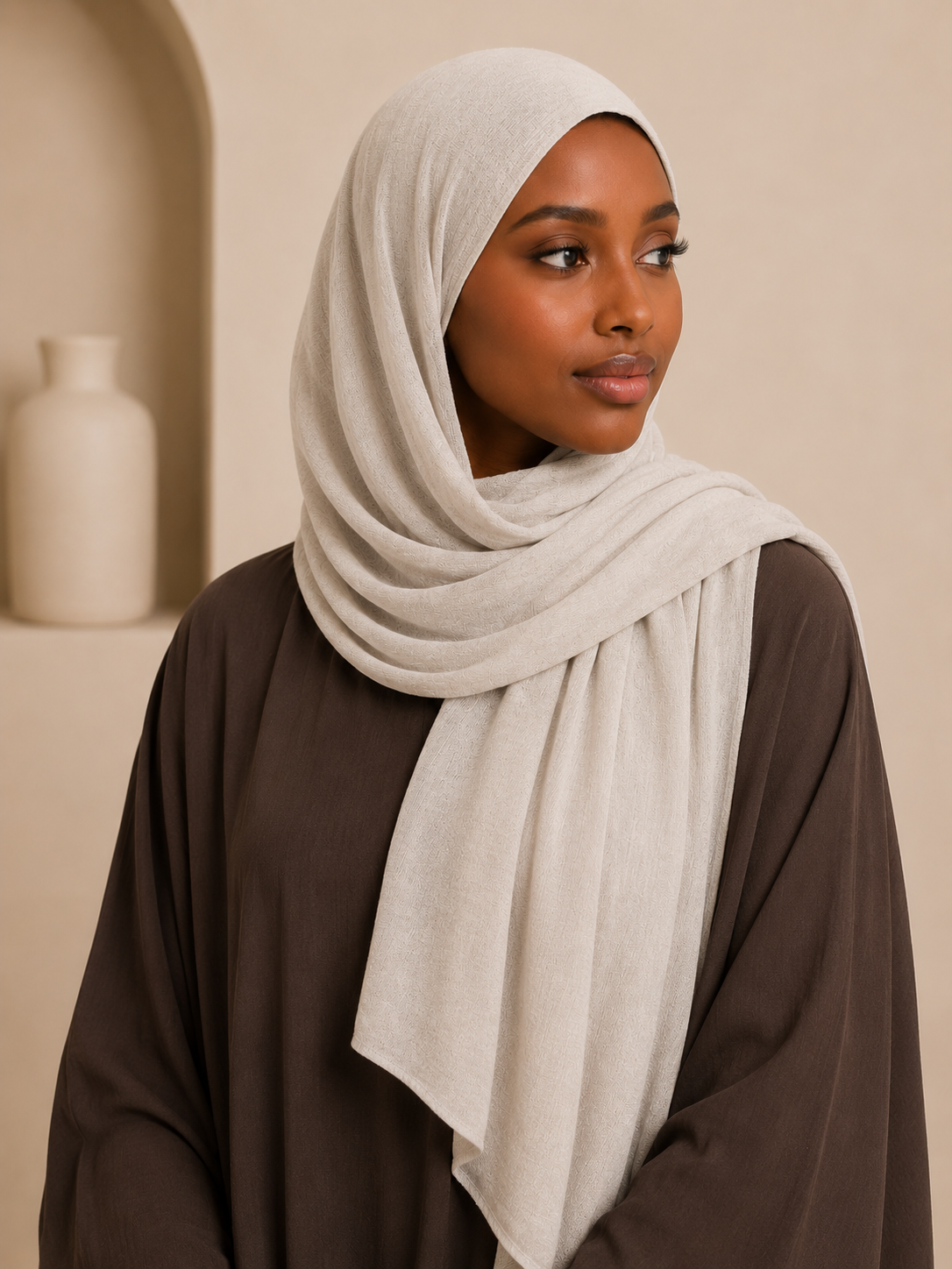 Somali model wearing oatmeal premium modal hijab with elegant soft drape
