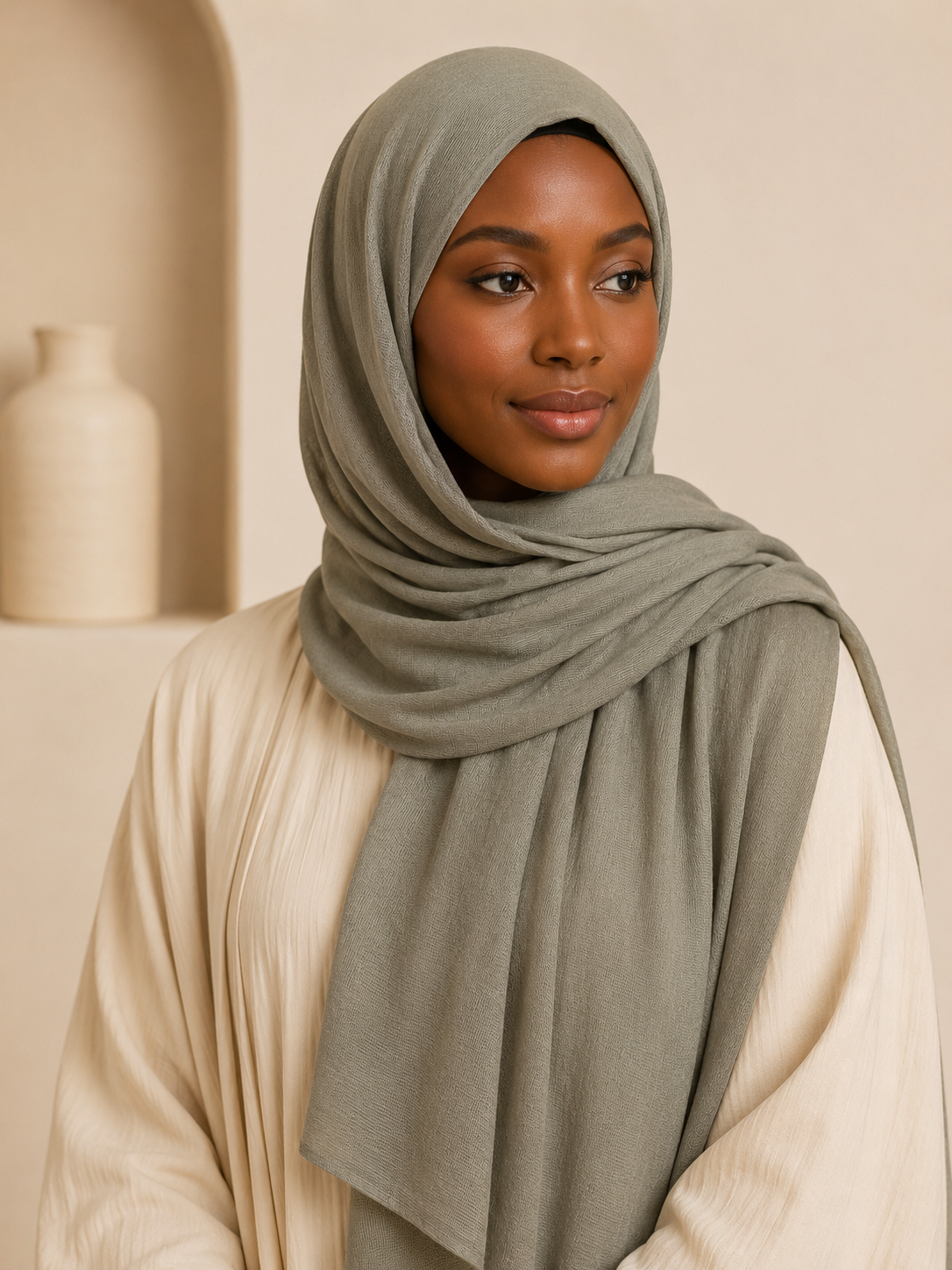Model wearing sage premium modal hijab in soft muted green tone