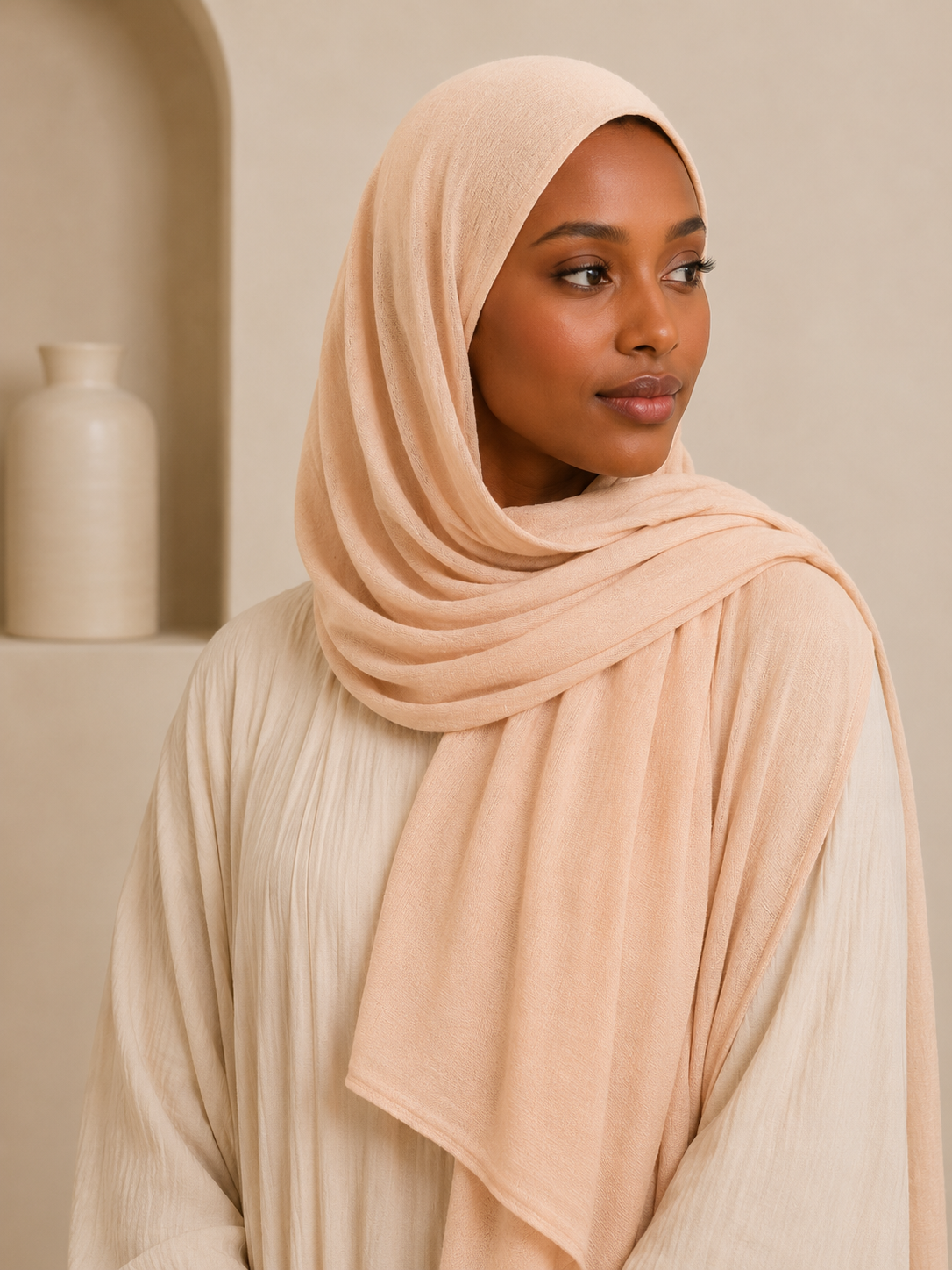 Model wearing soft peach premium modal hijab with elegant soft drape