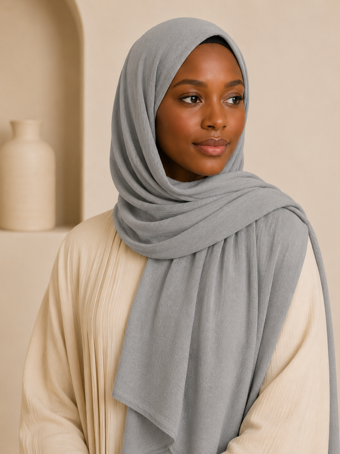 Model wearing Spanish grey premium modal hijab with elegant soft drape