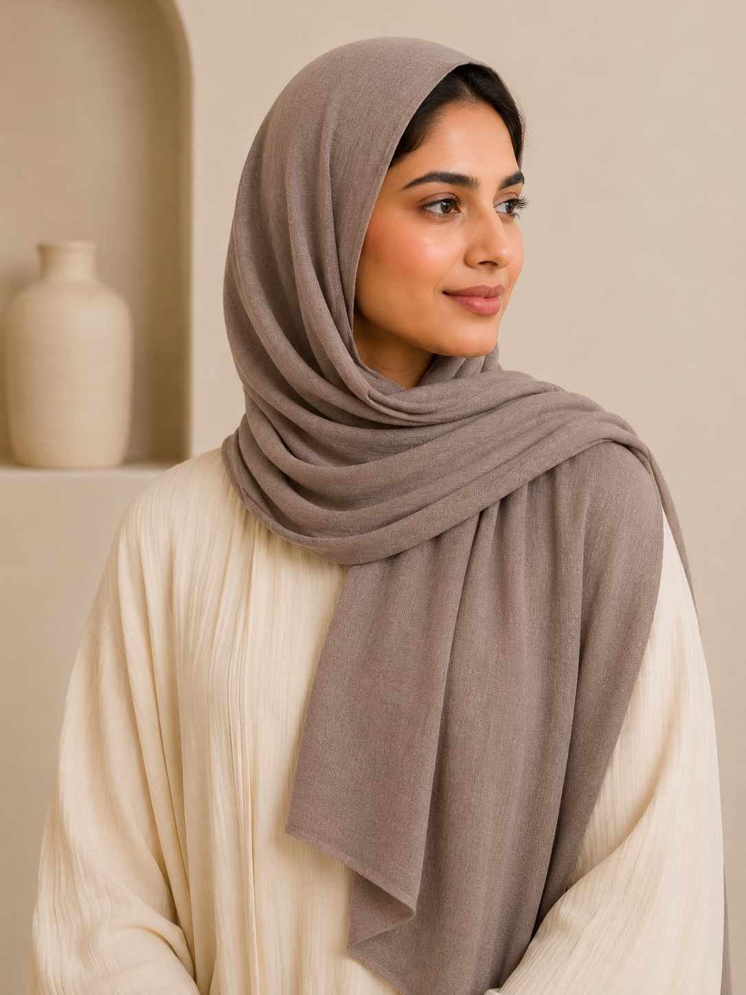 Model wearing warm taupe premium modal hijab with elegant soft drape